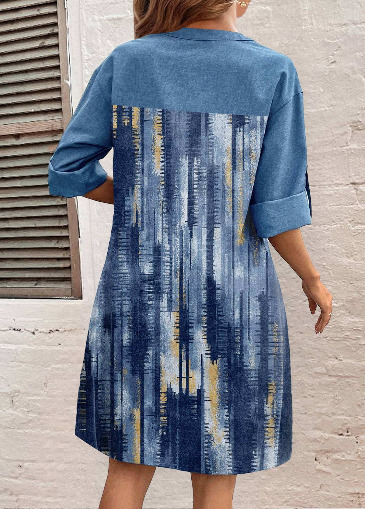 Denim-effect Print Button Denim Blue Dress