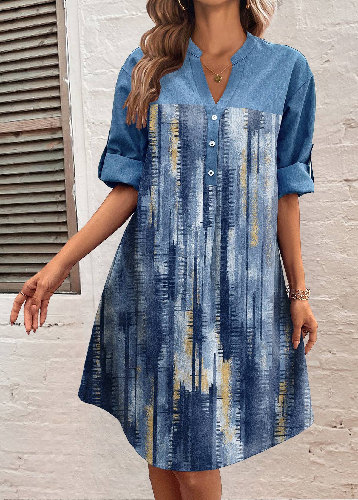 Denim-effect Print Button Denim Blue Dress