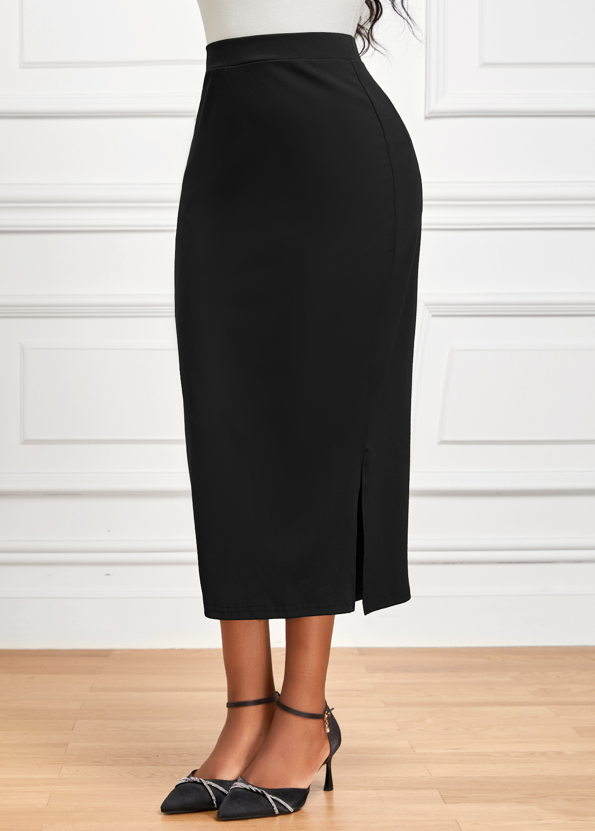 Side Split Elastic Waist Black Bodycon Skirt