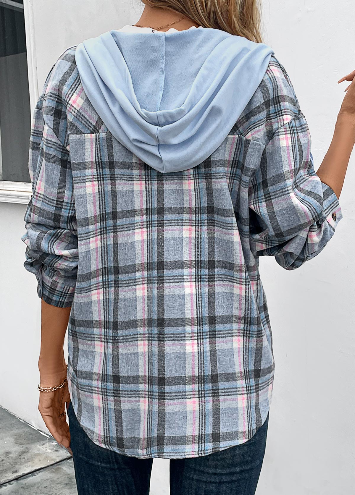 Plaid Drawstring Blue Long Sleeve Hooded Coat