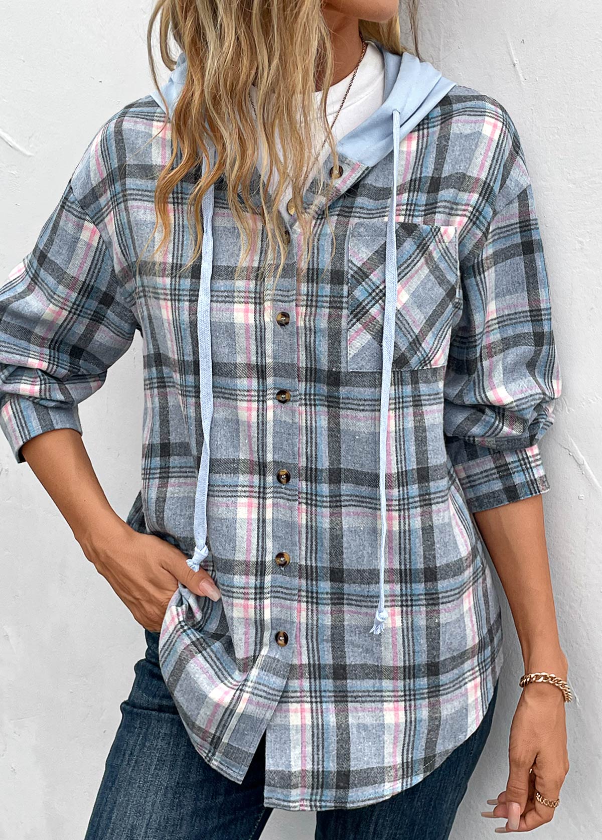 Plaid Drawstring Blue Long Sleeve Hooded Coat