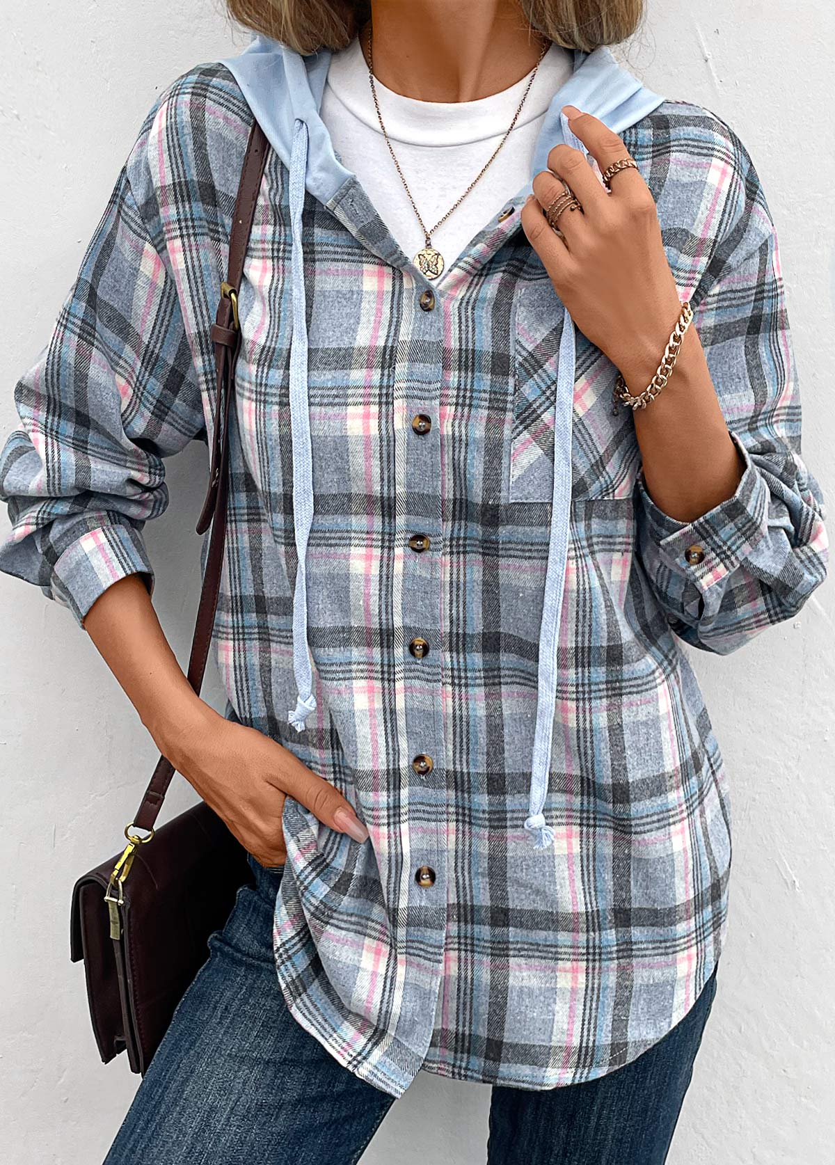 Plaid Drawstring Blue Long Sleeve Hooded Coat