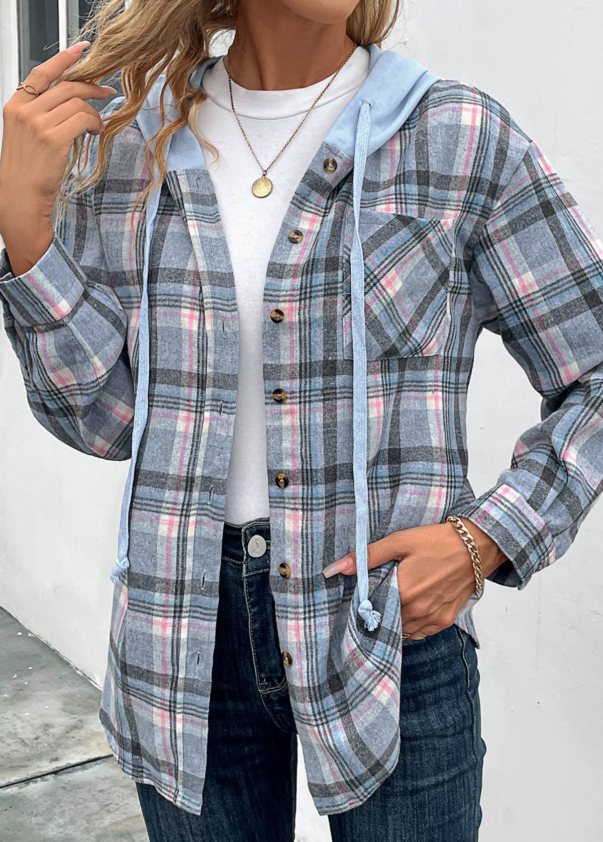 Plaid Drawstring Blue Long Sleeve Hooded Coat