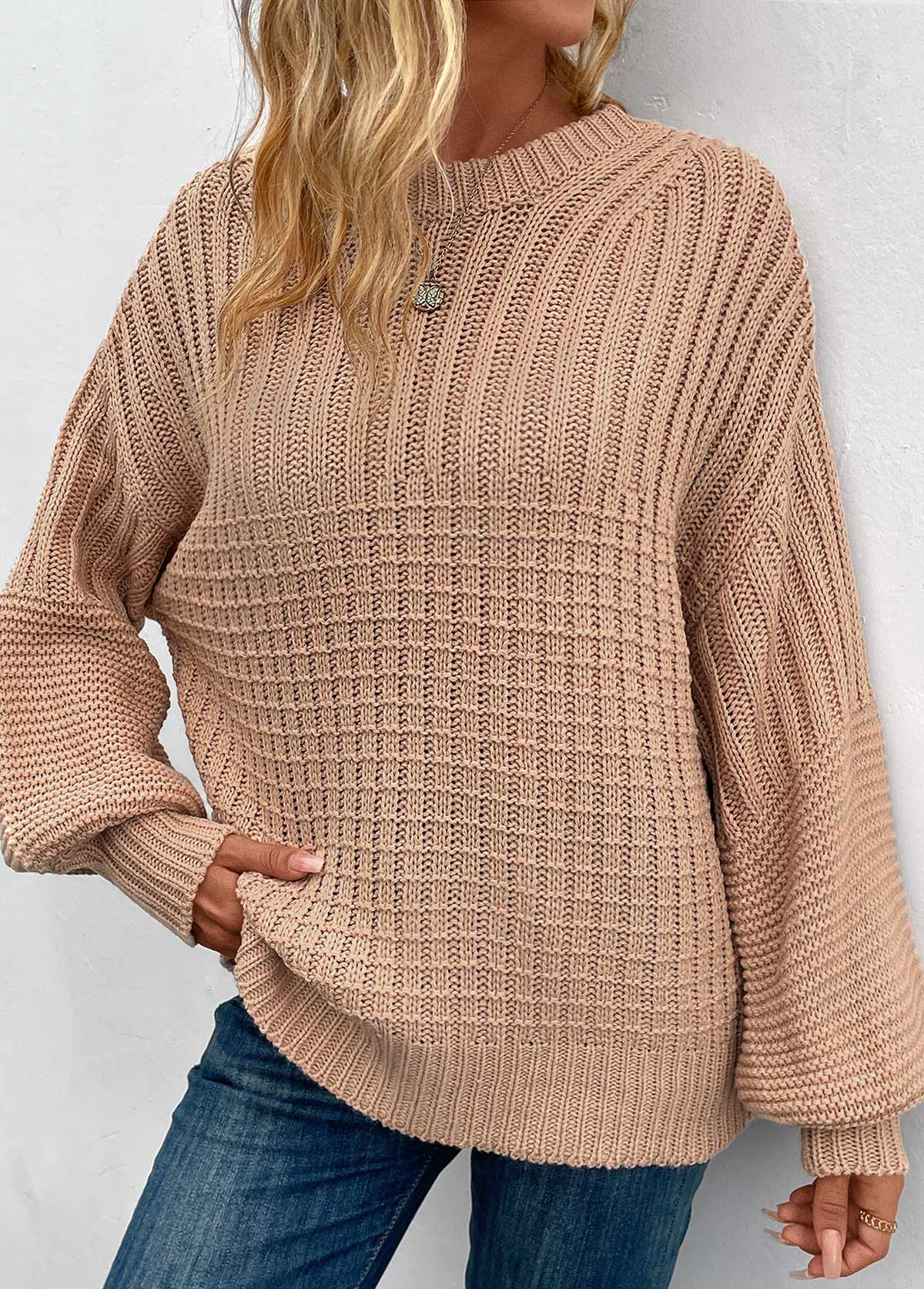 Rib Light Coffee Long Sleeve Round Neck Sweater