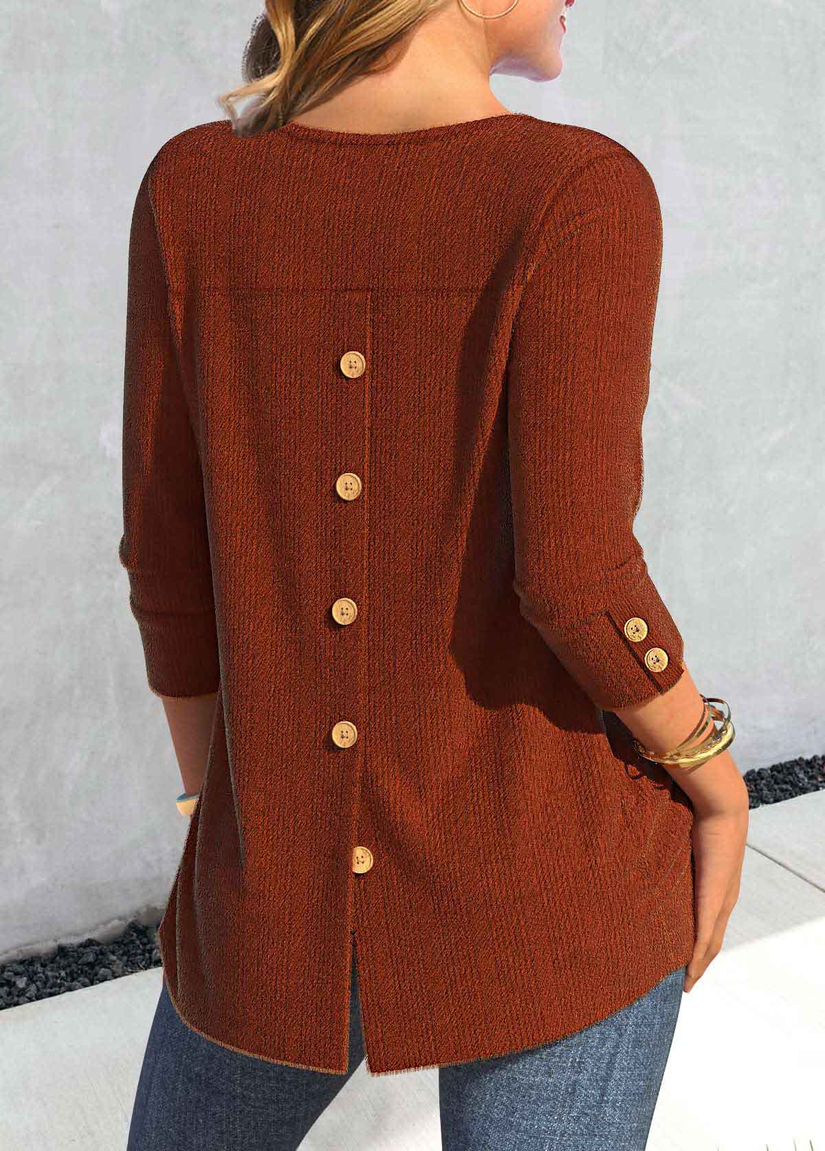 Brick Red Round Neck Long Sleeve Button T Shirt