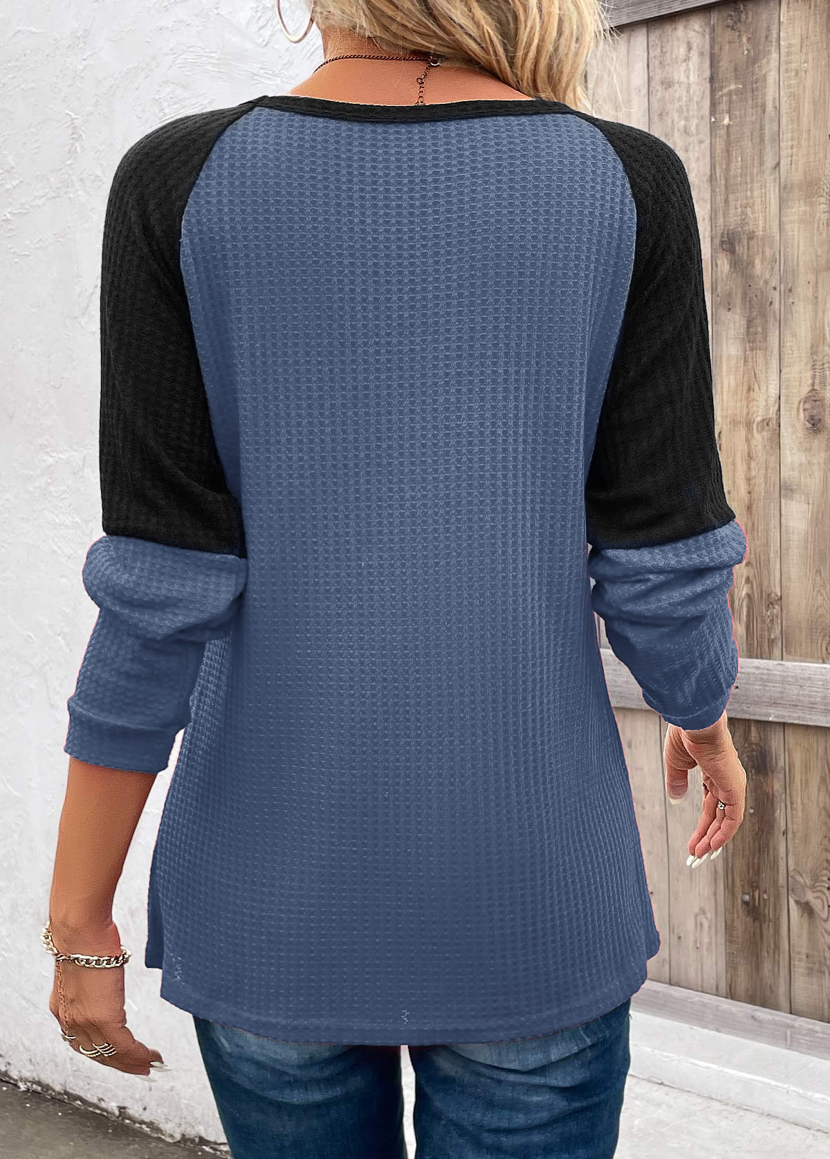 Patchwork Dusty Blue Round Neck Long Sleeve T Shirt