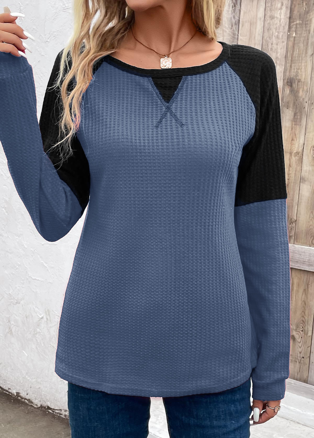 Patchwork Dusty Blue Round Neck Long Sleeve T Shirt