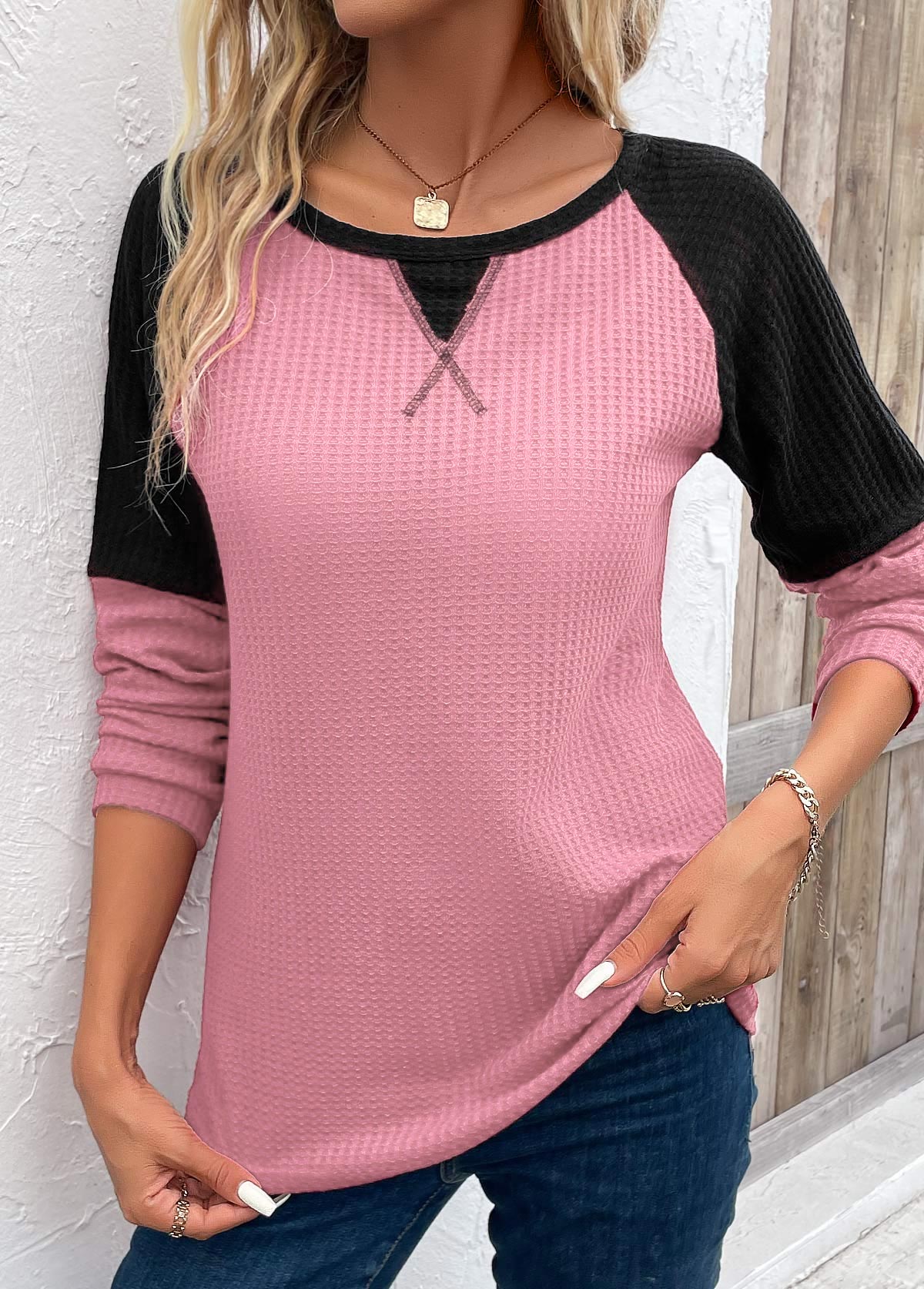Patchwork Pink Round Neck Long Sleeve T Shirt