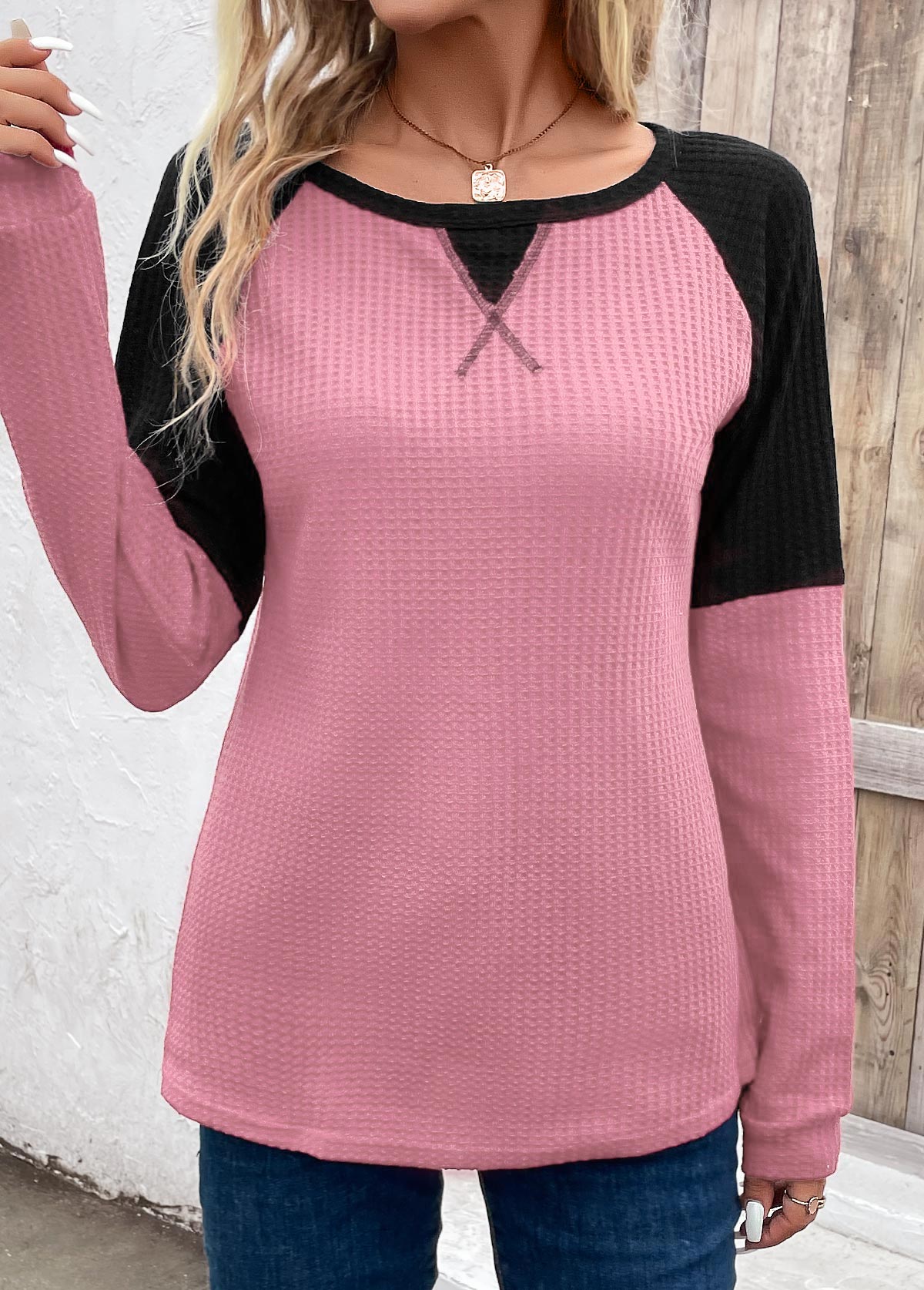 Patchwork Pink Round Neck Long Sleeve T Shirt