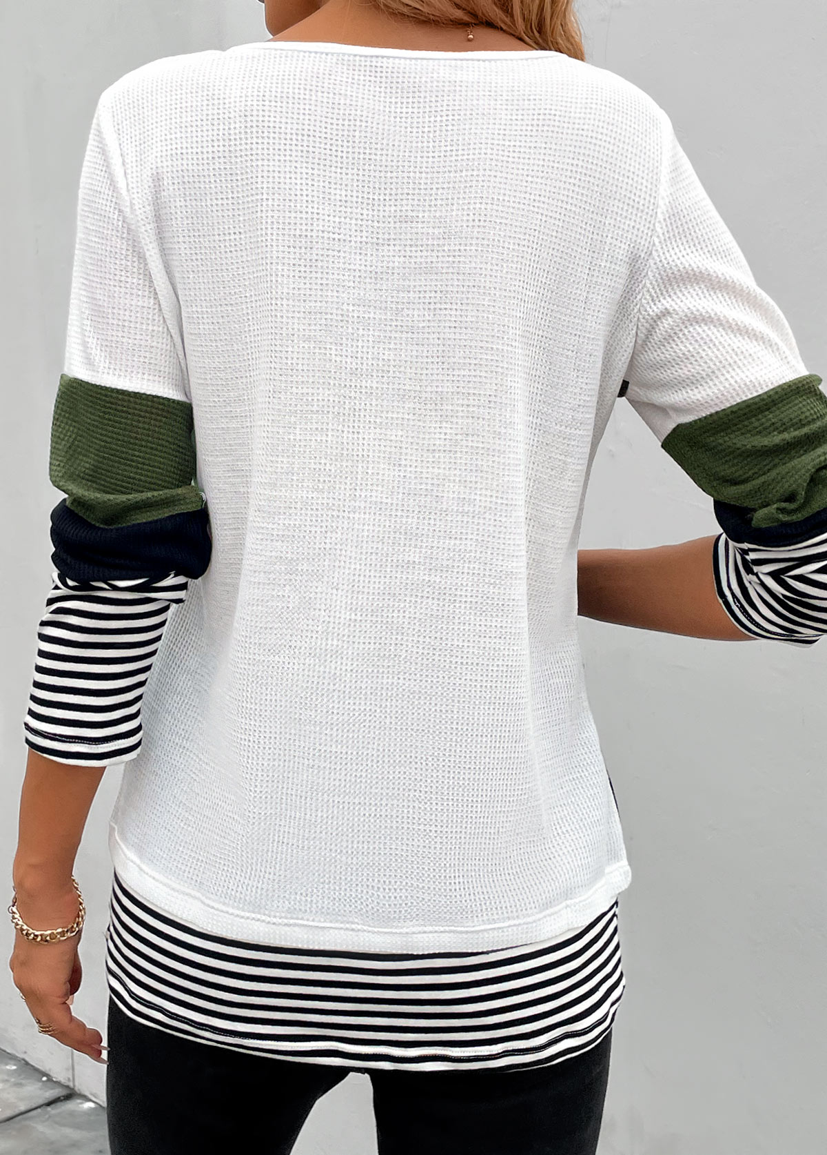 Striped Patchwork Olive Green Long Sleeve T Shirt
