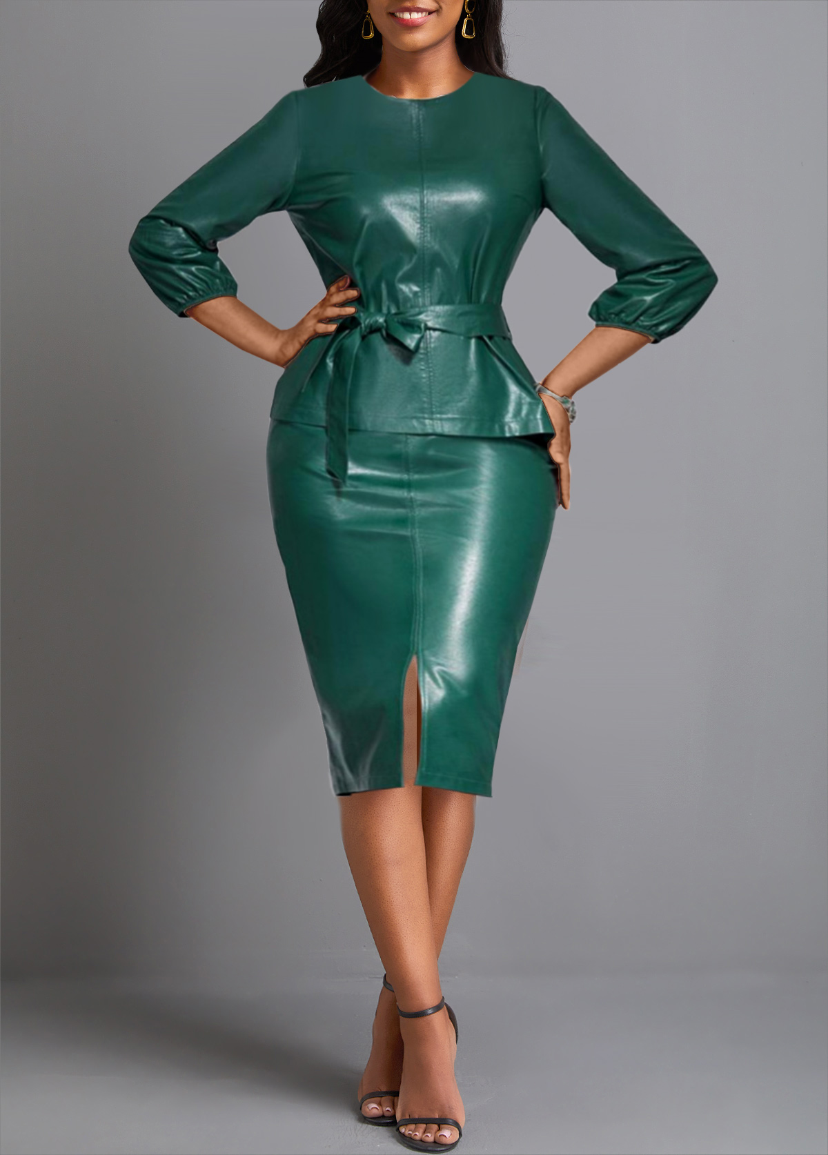 Faux Leather Belted Blackish Green Round Neck Bodycon Dress