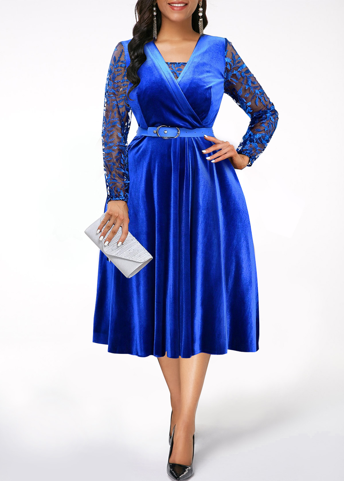 Royal Blue Long Sleeve Embroidery Dress