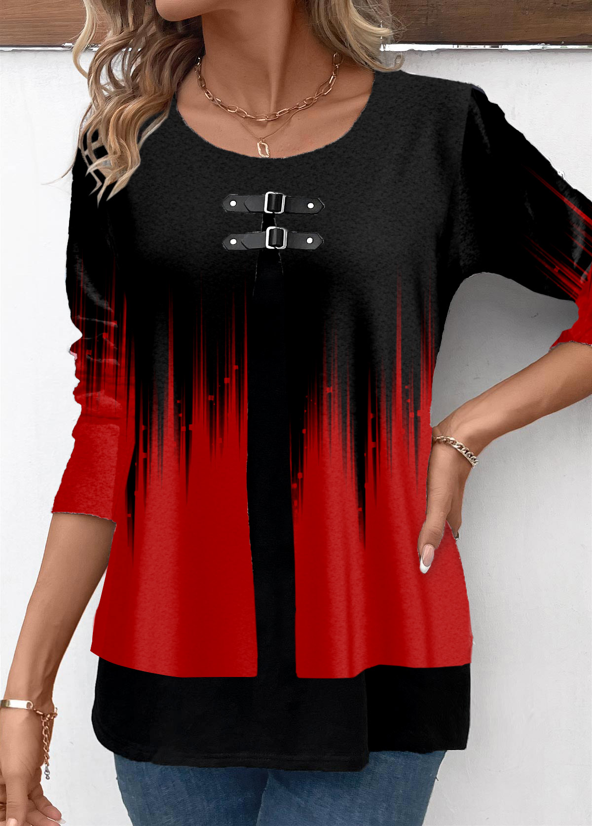 Ombre Patchwork Red Round Neck Long Sleeve Blouse