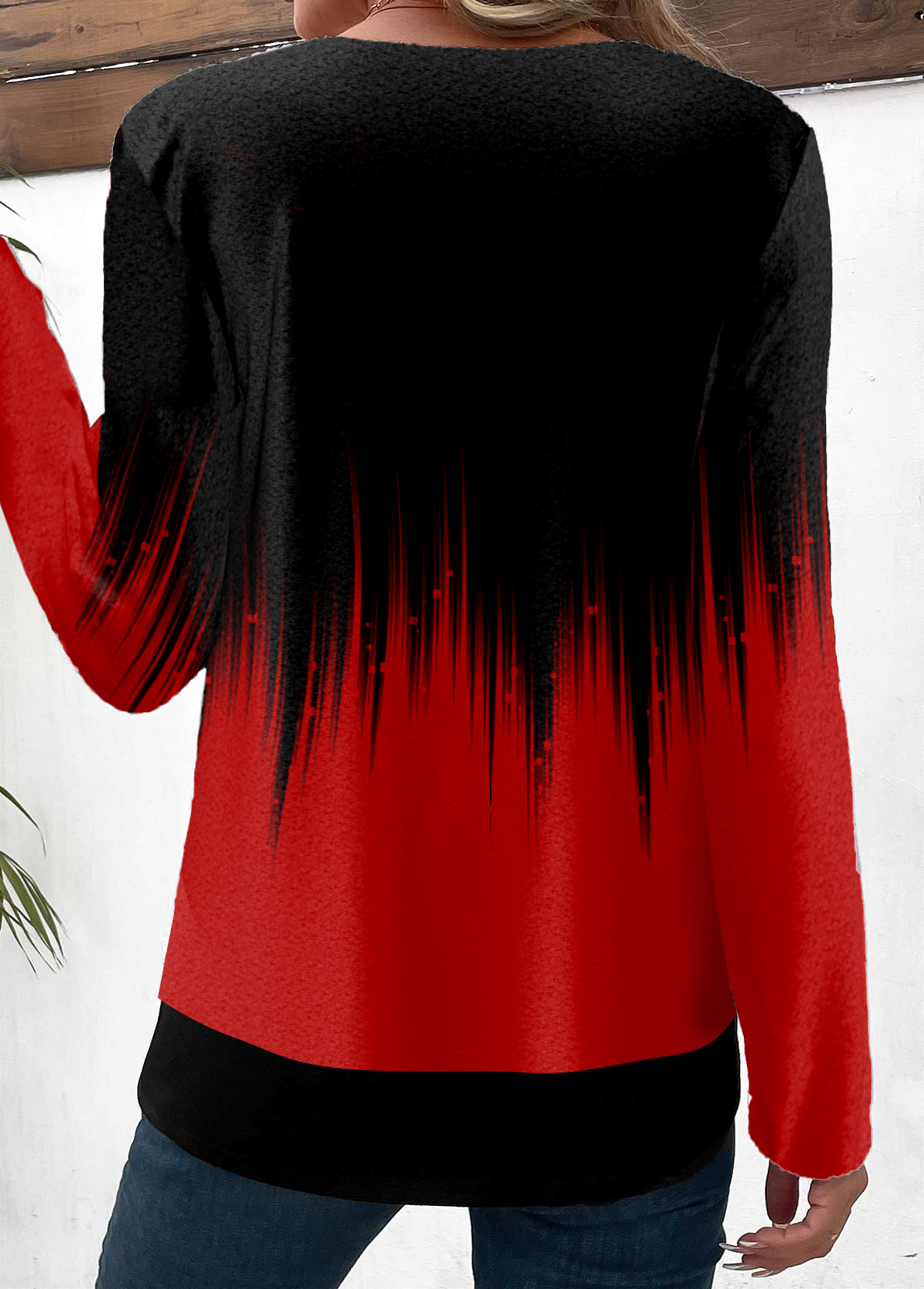 Ombre Patchwork Red Round Neck Long Sleeve Blouse