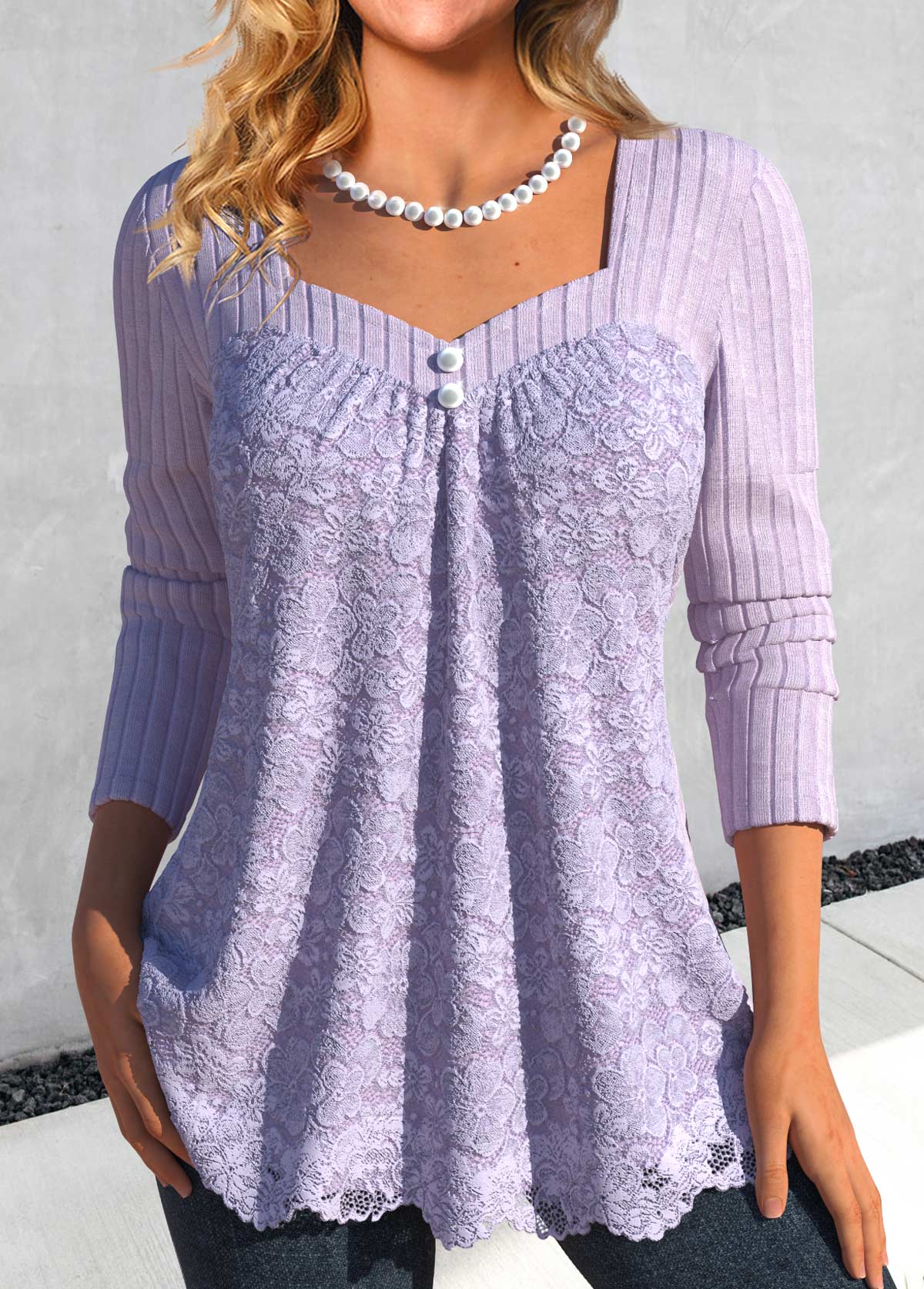 Plus Size Light Purple Lace Long Sleeve T Shirt