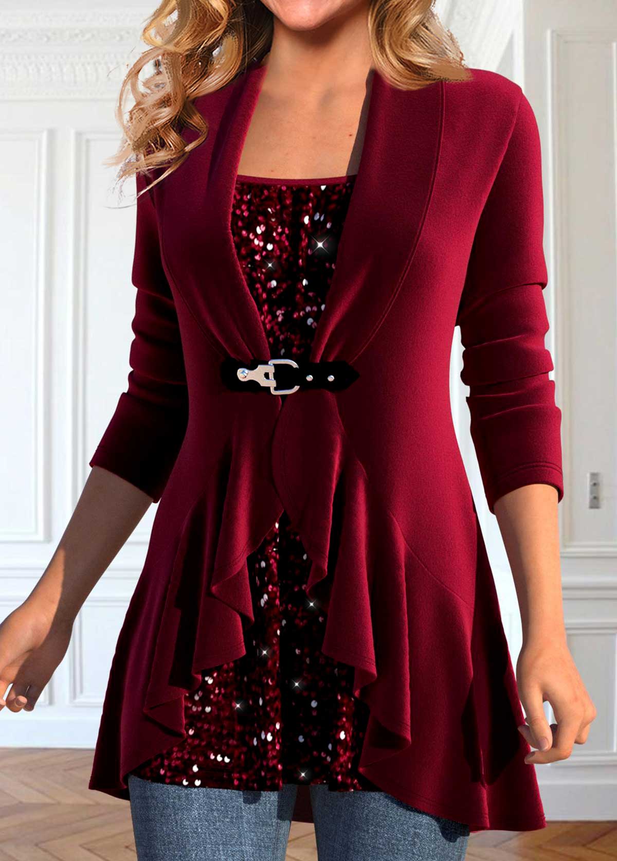 Sequin Wine Red Square Neck Long Sleeve T Shirt