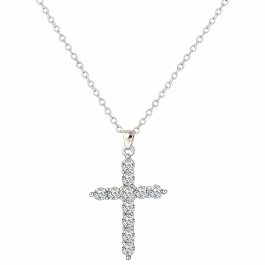 Alloy Rhinestone Silvery White Cross Necklace
