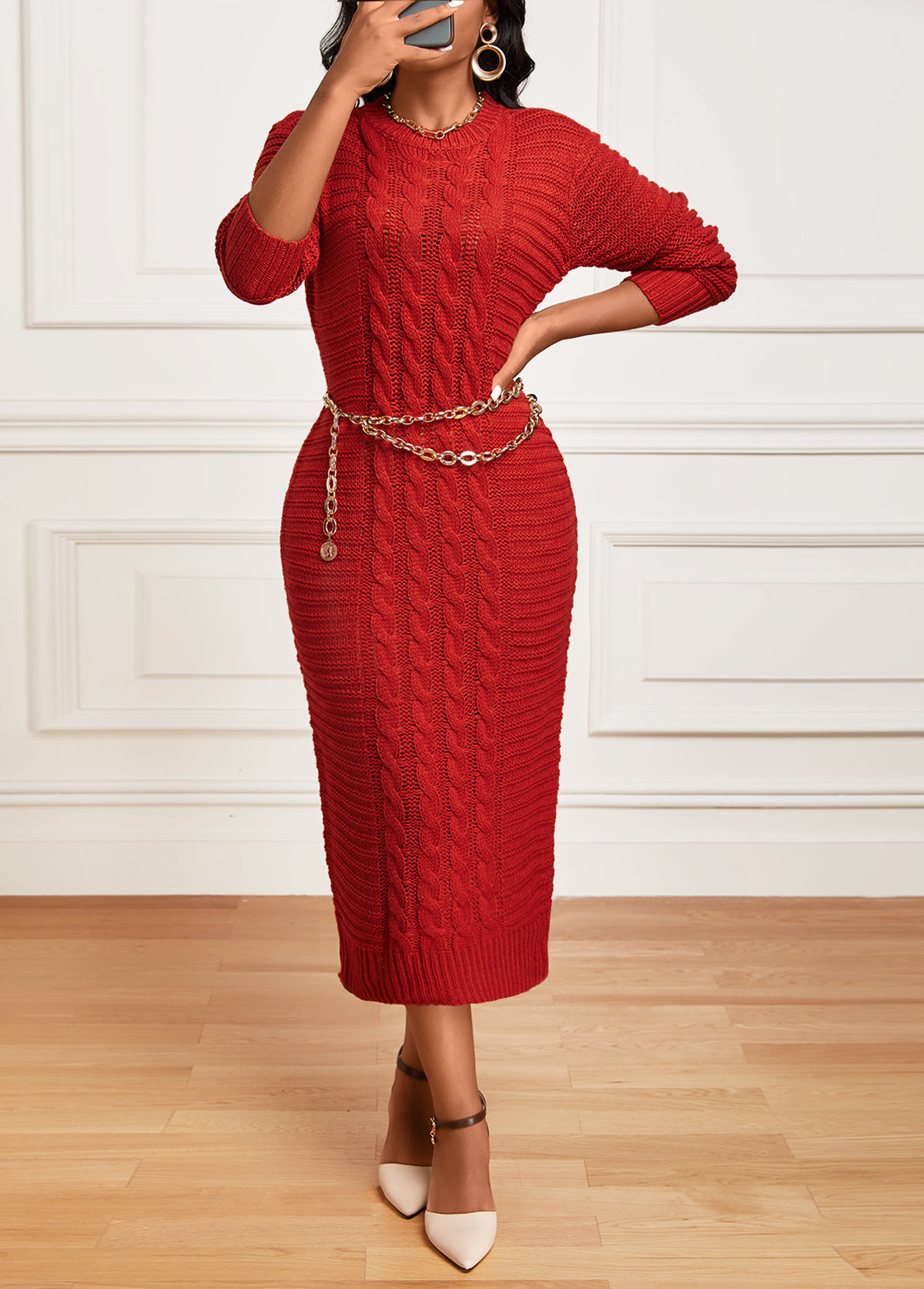 Red Long Sleeve Round Neck Bodycon Dress