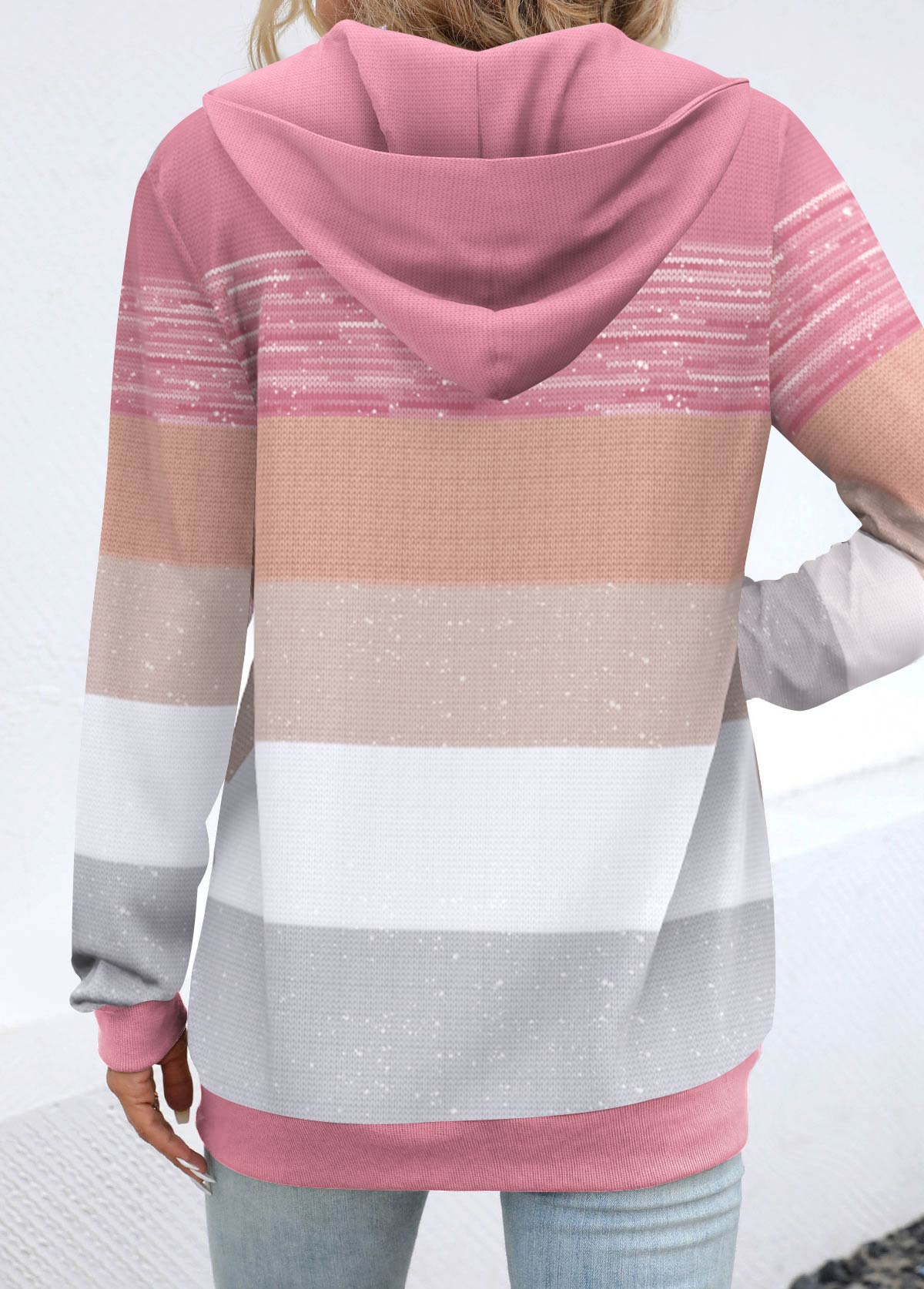 Plus Size Pink Pocket Geometric Print Long Sleeve Hoodie