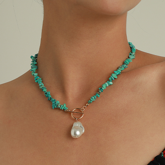 Turquoise Color Round Alloy Detail Necklace
