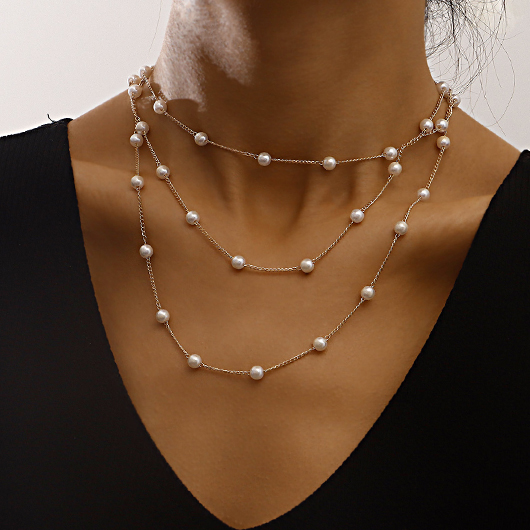 White Pearl Detail Patchwork Layered Necklace