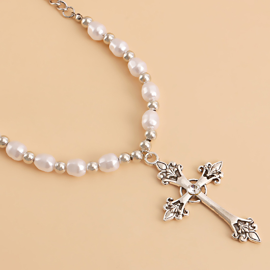 Pearl Detail Cross Silvery White Necklace