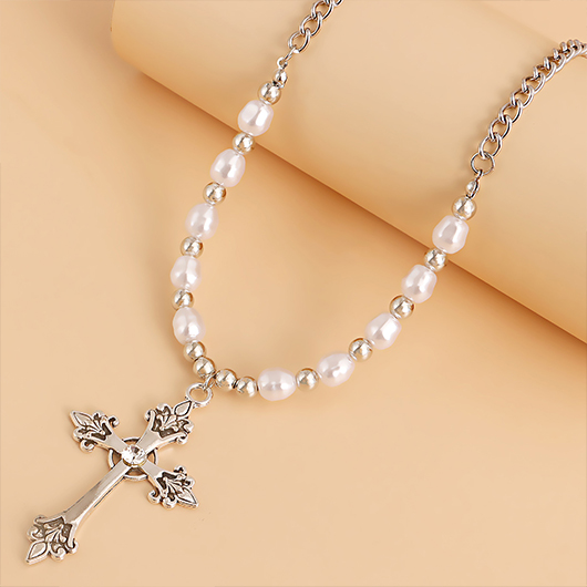 Pearl Detail Cross Silvery White Necklace