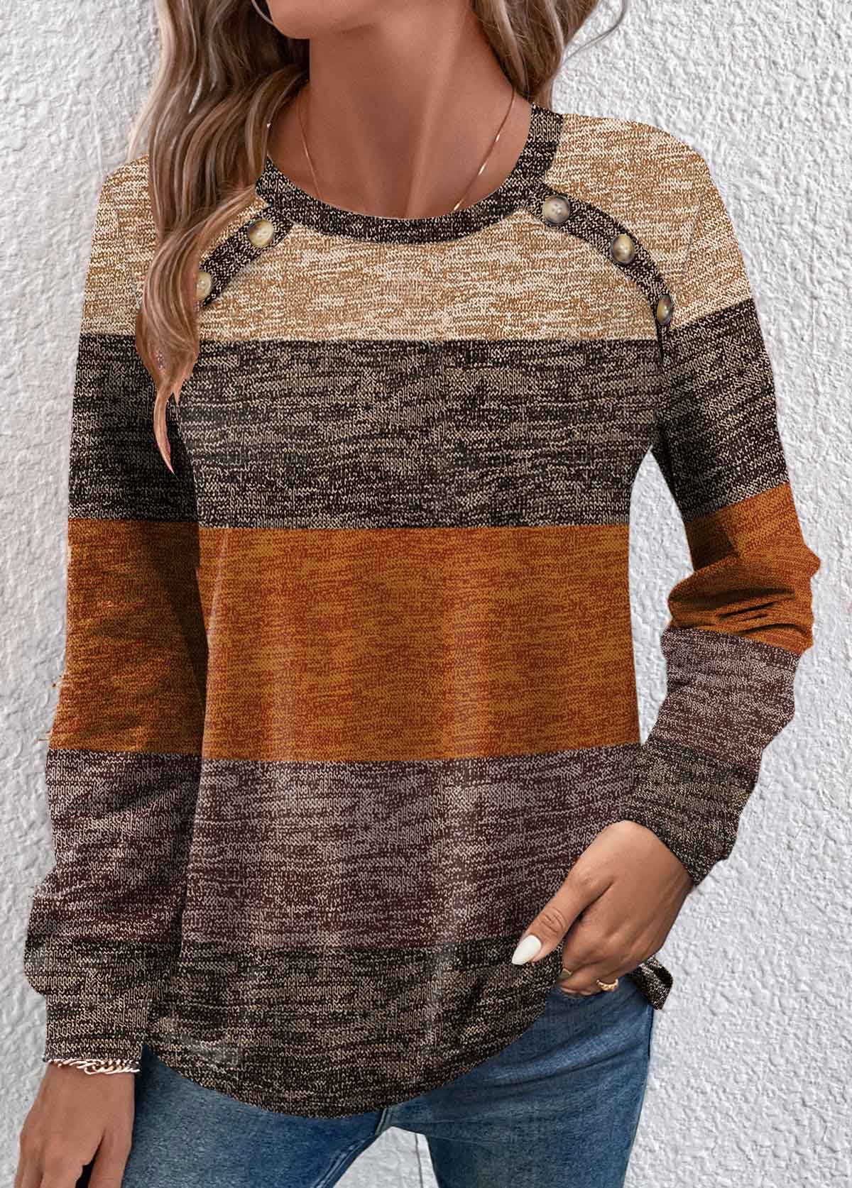 Striped Button Dark Camel Long Sleeve T Shirt
