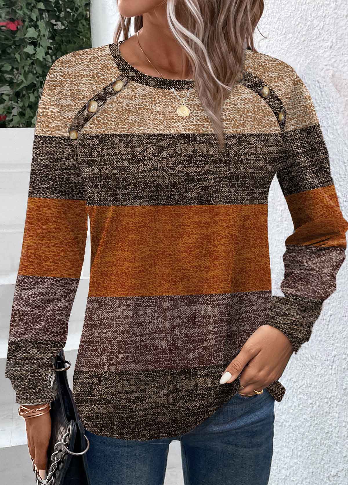 Striped Button Dark Camel Long Sleeve T Shirt