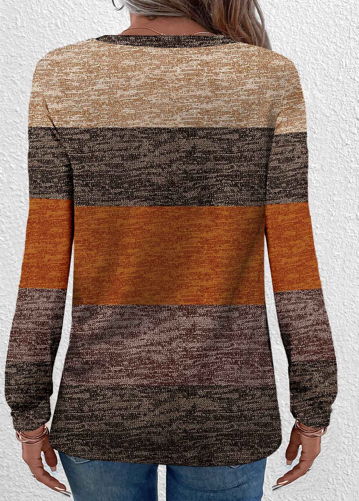 Striped Button Dark Camel Long Sleeve T Shirt