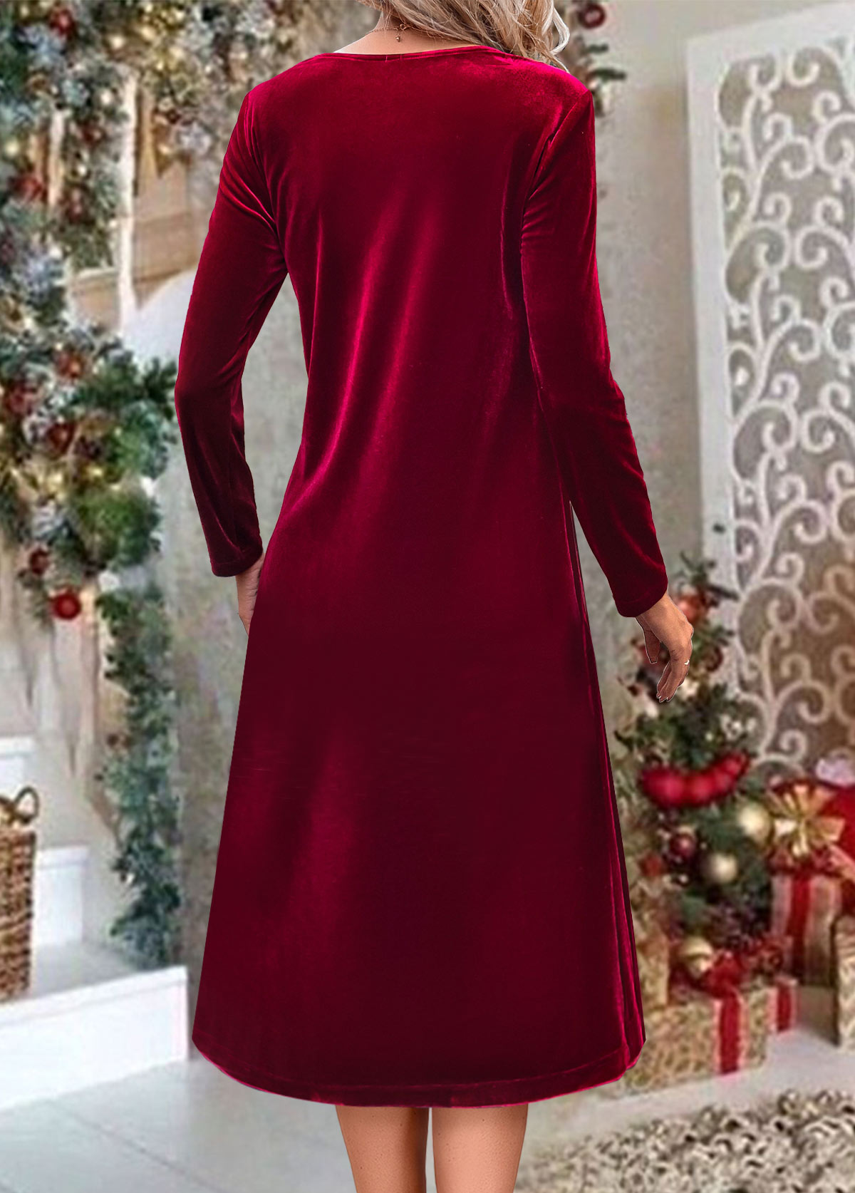 Sequin Wine Red A Line Long Sleeve Dress