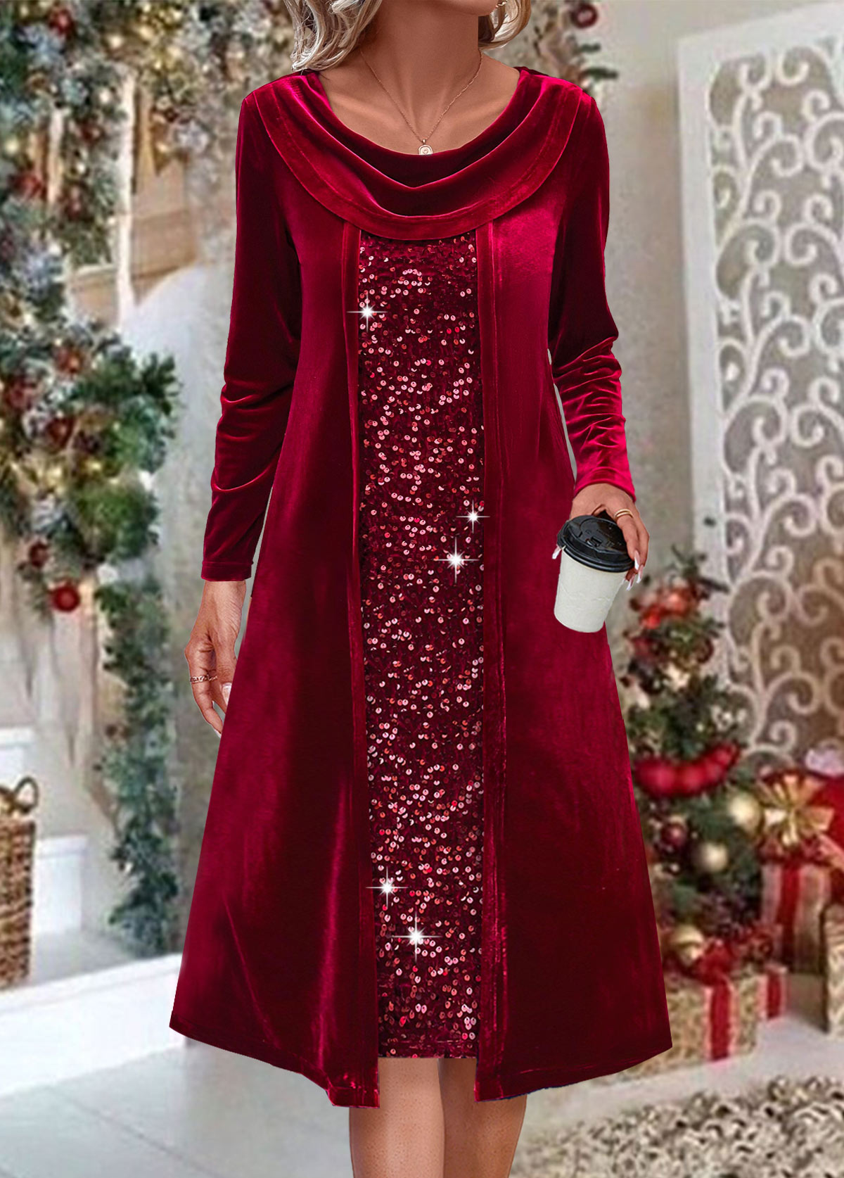 Sequin Wine Red A Line Long Sleeve Dress