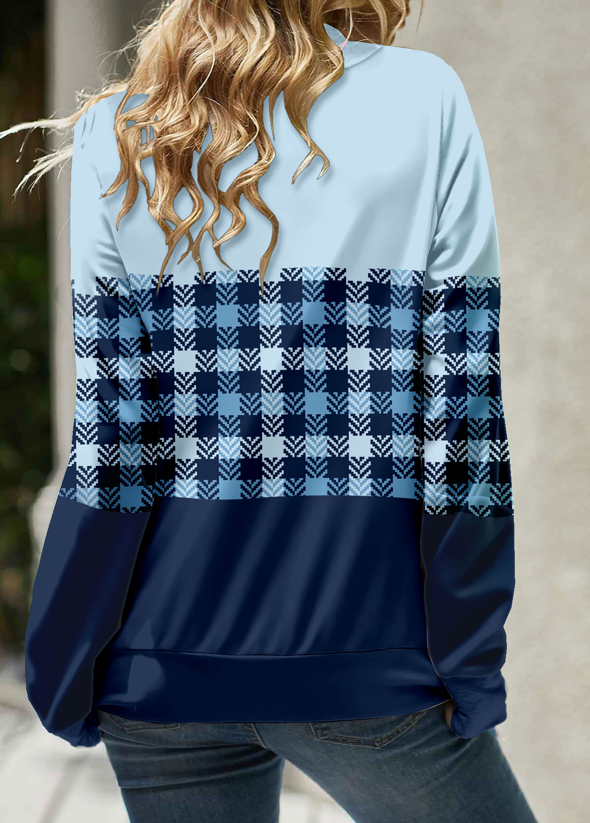 Plaid Patchwork Light Blue Long Sleeve Cowl Neck Sweatshirt