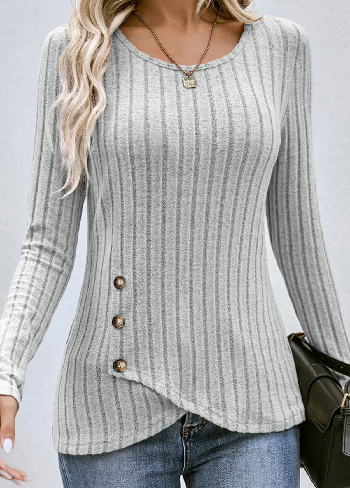Button Grey Long Sleeve Round Neck T Shirt
