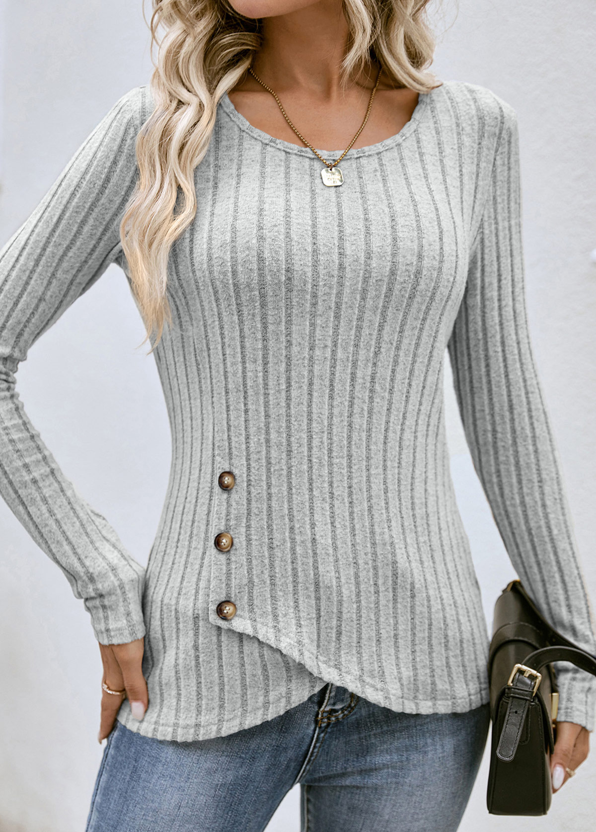 Button Grey Long Sleeve Round Neck T Shirt