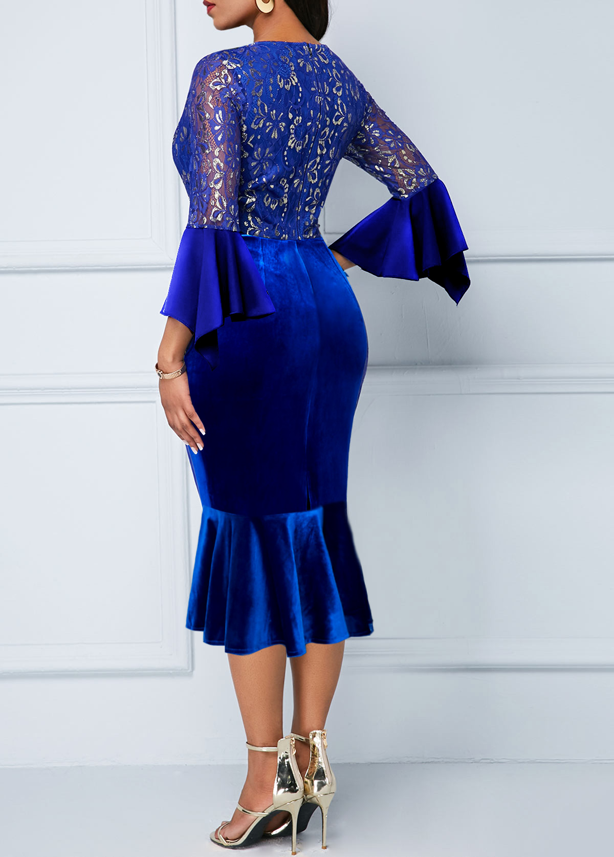 Velvet Royal Blue Three Quarter Length Sleeve Dress