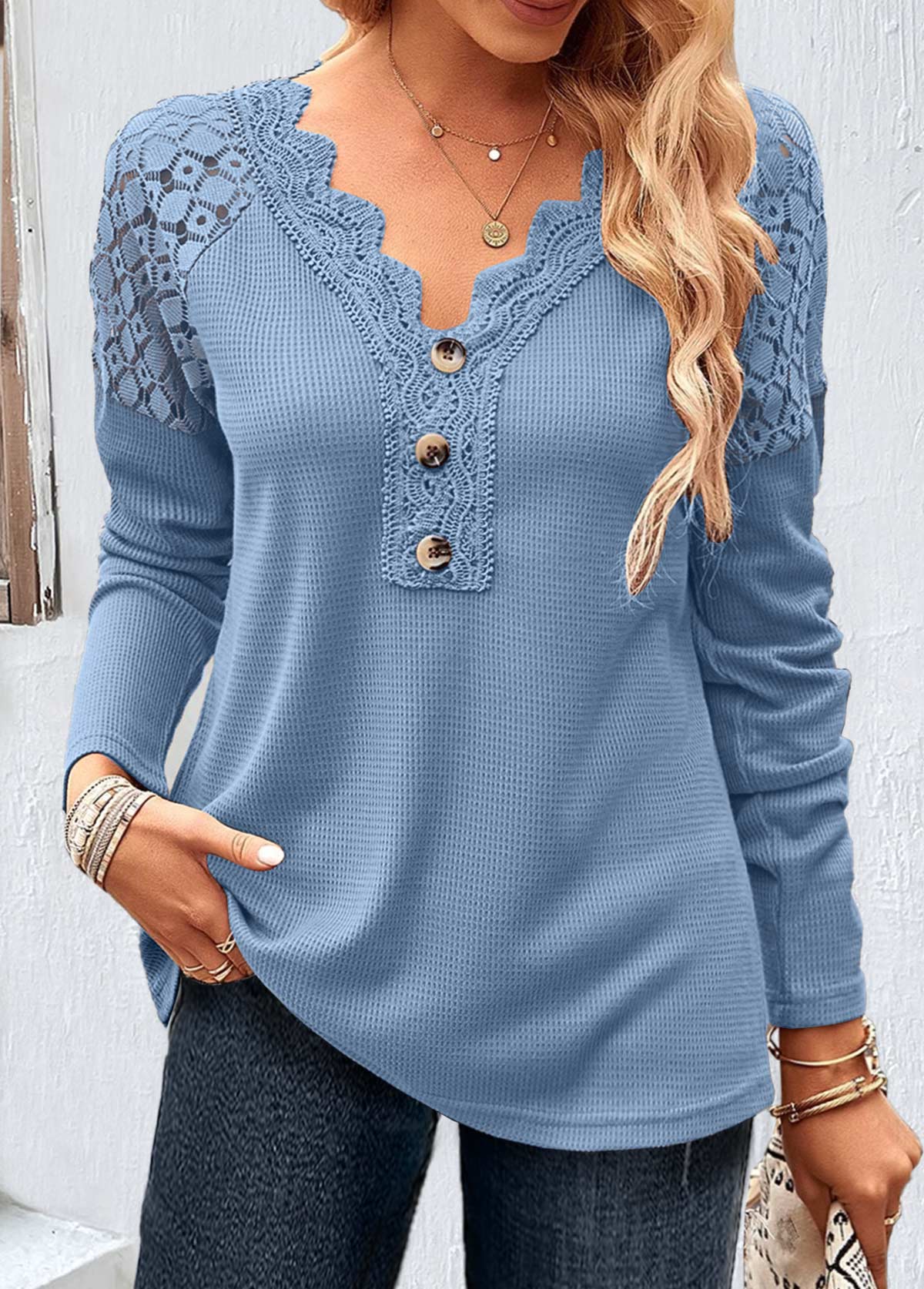 Plus Size Dusty Blue Lace Long Sleeve T Shirt