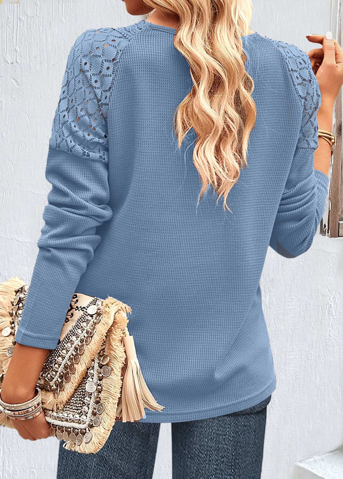 Plus Size Dusty Blue Lace Long Sleeve T Shirt