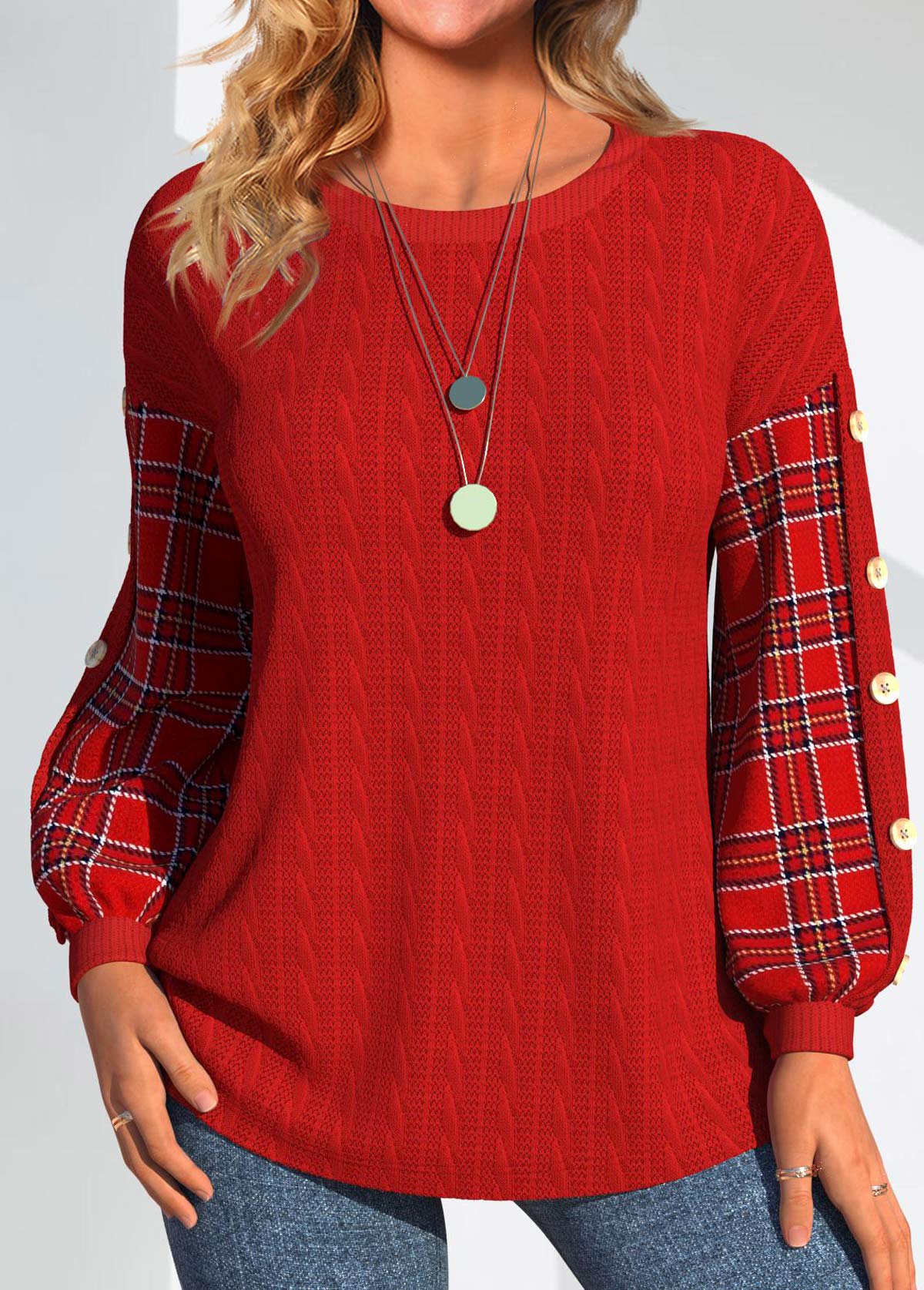 Plaid Button Red Long Sleeve Round Neck Sweatshirt