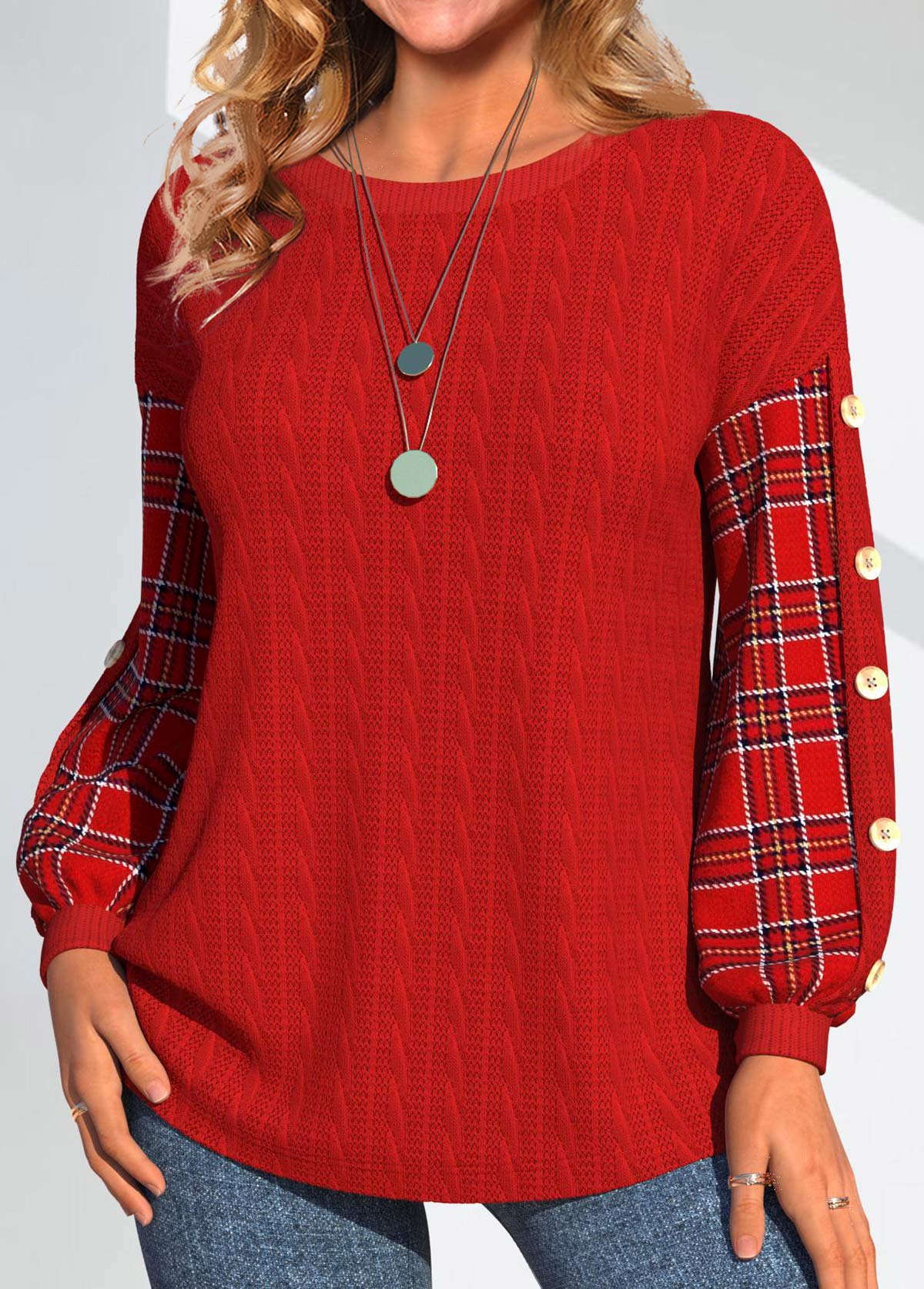 Plaid Button Red Long Sleeve Round Neck Sweatshirt