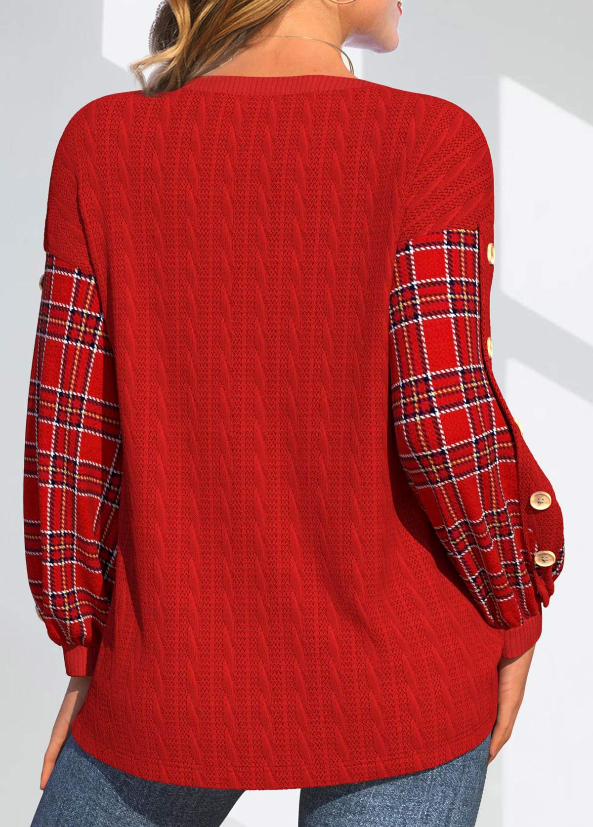 Plaid Button Red Long Sleeve Round Neck Sweatshirt