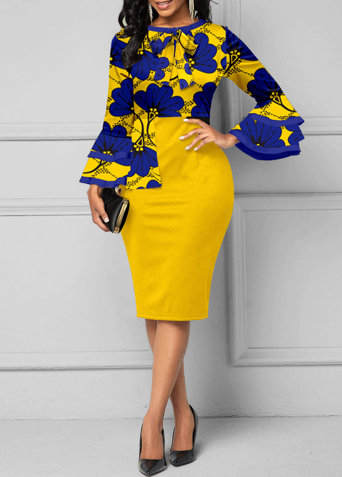 Floral Print Contrast Binding Yellow Long Sleeve Dress