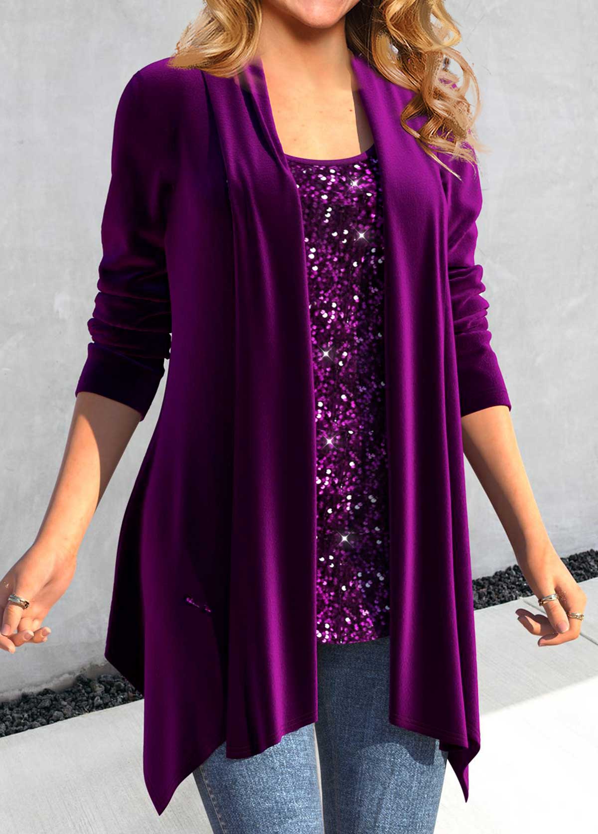 Sequin Purple Long Sleeve Square Neck Blouse