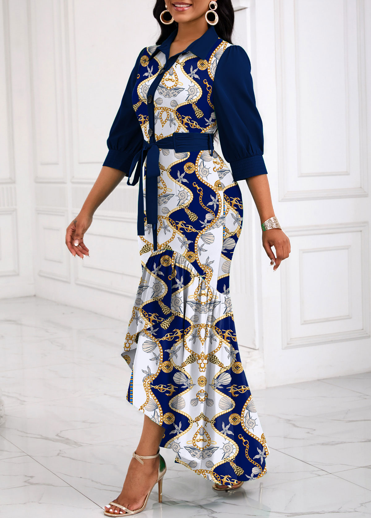Tribal Print Patchwork Belted Navy High Low Dress