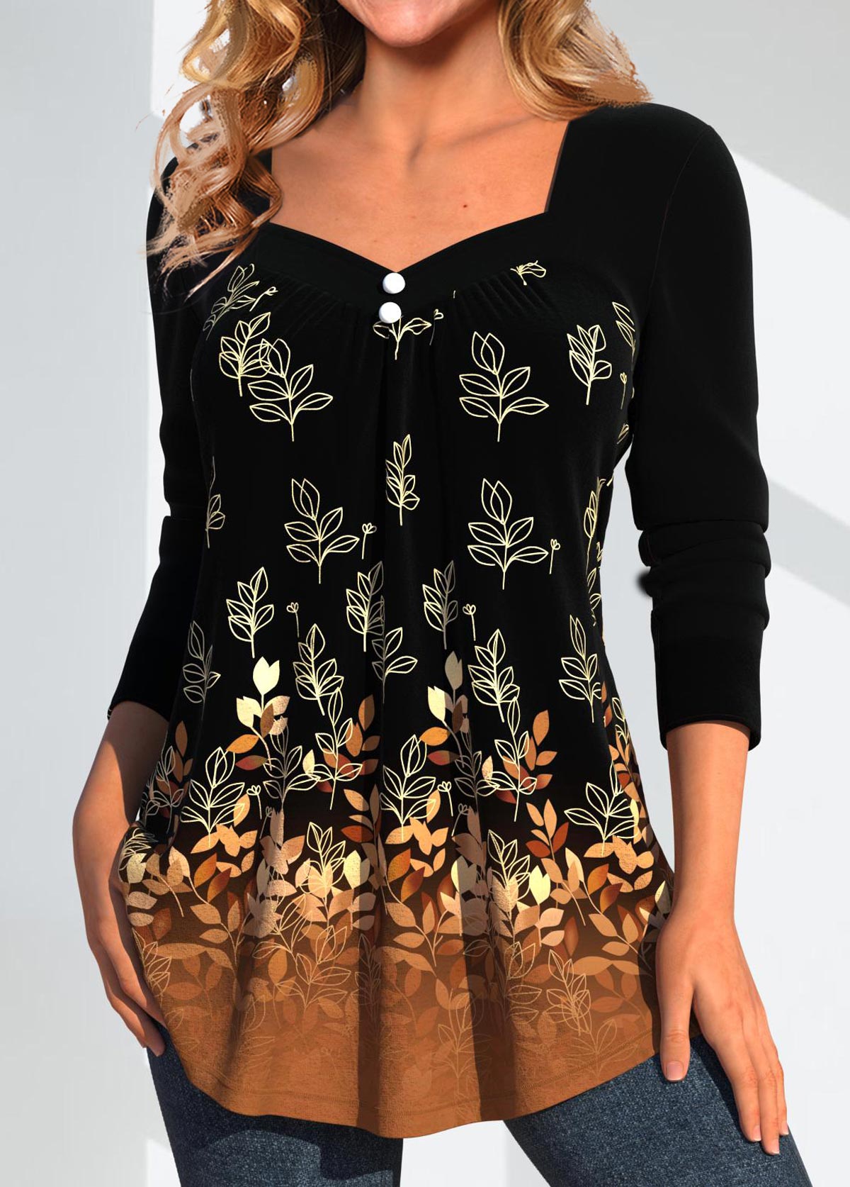 Random Floral Print Button Dark Camel T Shirt