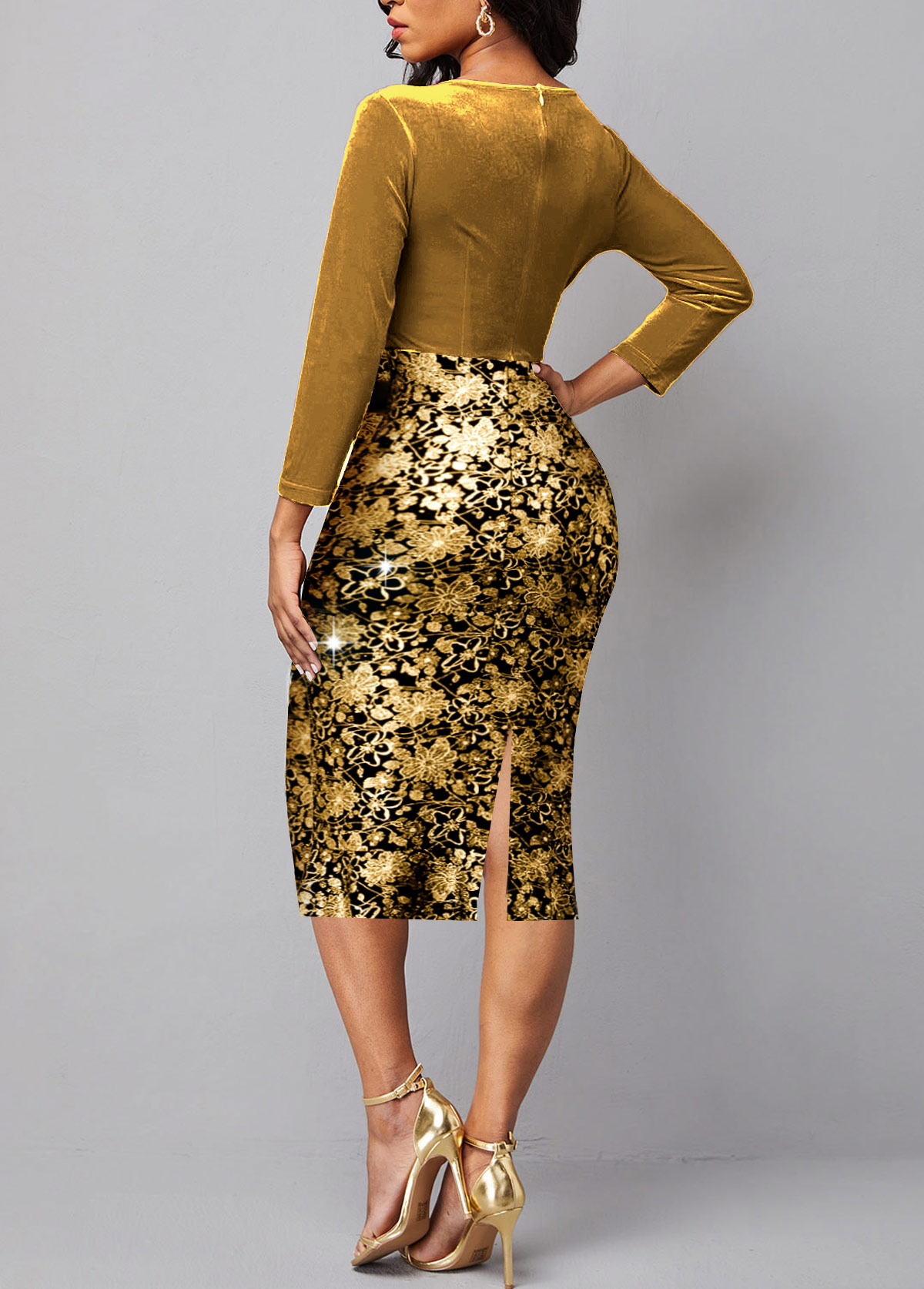 New Year Floral Print Hot Stamping Belted Golden Dress
