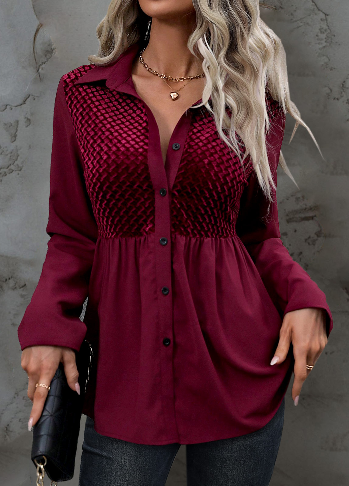 Velvet Dark Reddish Purple Long Sleeve Shirt Collar Blouse