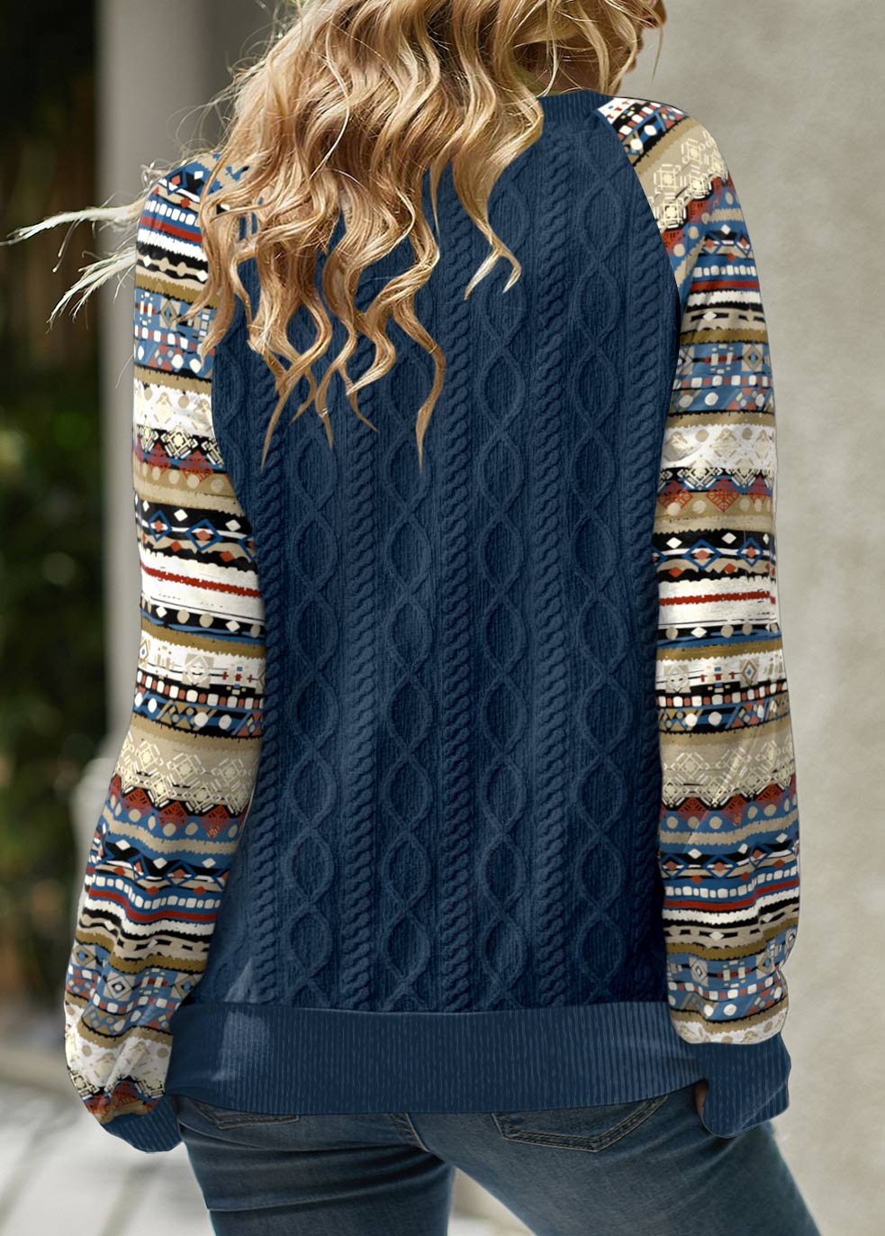 Tribal Print Patchwork Navy Long Sleeve Split Neck Sweatshirt