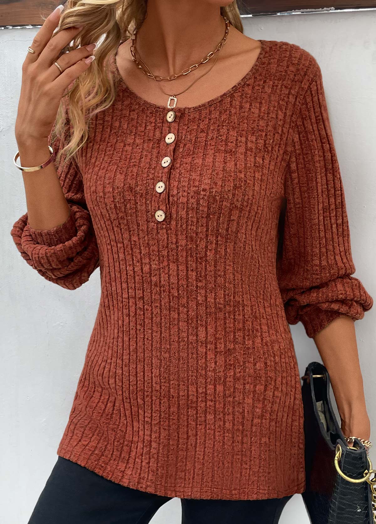 Button Brick Red Long Sleeve Round Neck T Shirt