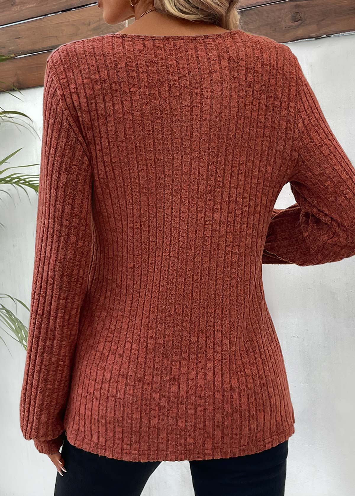 Button Brick Red Long Sleeve Round Neck T Shirt